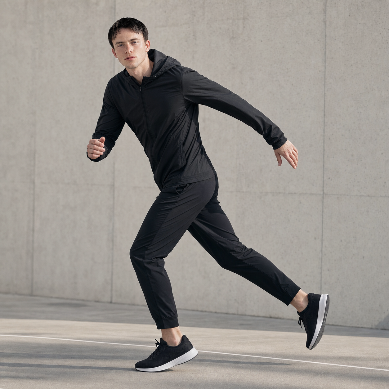 Mitch Walters in a sportswear motion campaign pose