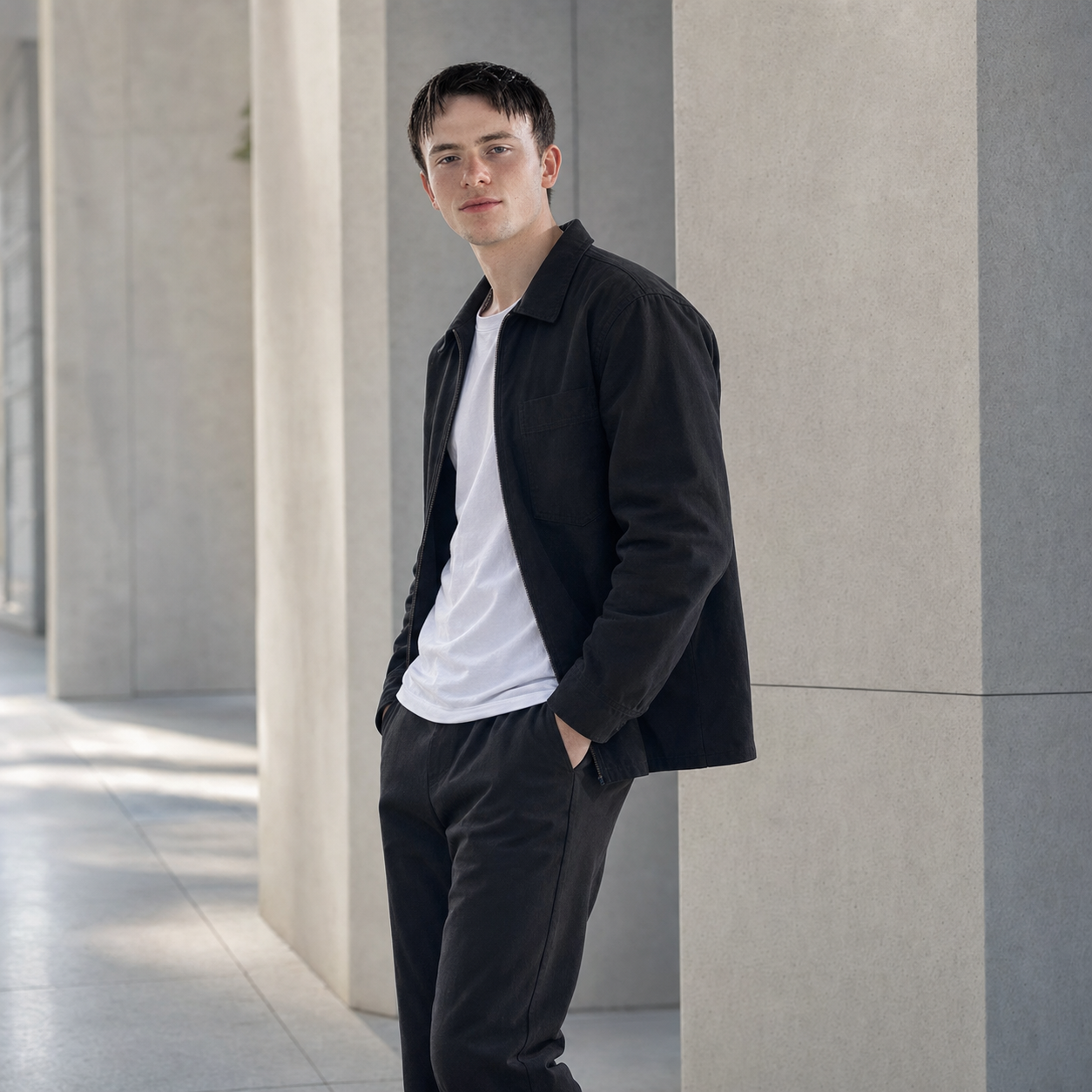 Mitch Walters in an urban fashion editorial pose